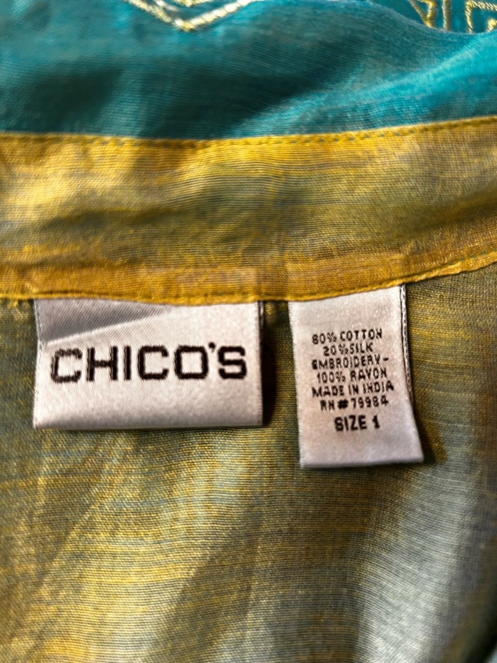 Chico's Turquoise & Lime Embroidered Button-Front Blouse - Picture 4 of 4